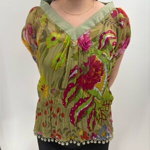 Kas designs vintage v neck y2k boho colorful short sleeve cami top size medium